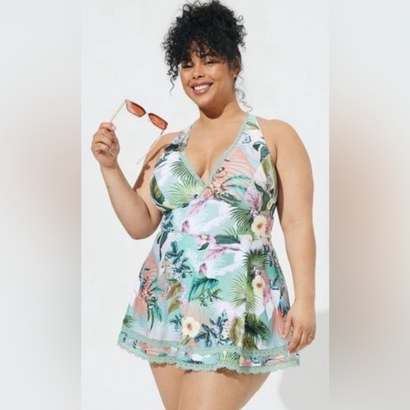 TORRID one piece swimwear swim dress skater safari print lace trim NEW size 4X - Picture 1 of 13